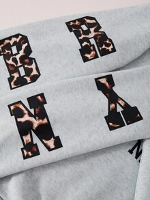 SHEIN Explorewe Teen Girl Leopard Print Letter Graphic Drop Shoulder Fleece Sweatshirt,Autumn,Streetwear,Holiday,Back-To-School,Ladies Teacher Uniform Fall Winter - Grey - View 7