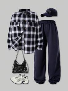 SHEIN Explorewe Set de 2 piezas de camisa de manga larga a cuadros y pantalones casuales para niñas, otoño/invierno - Multicolor - Ver 1