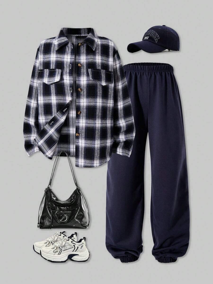 SHEIN Explorewe Set de 2 piezas de camisa de manga larga a cuadros y pantalones casuales para niñas, otoño/invierno - Multicolor - Ver 1