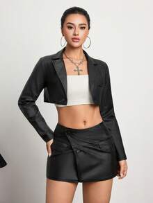 SHEIN Unity 翻领超短款西装外套，宽松版型，纯色 - 黑色 - 查看 5