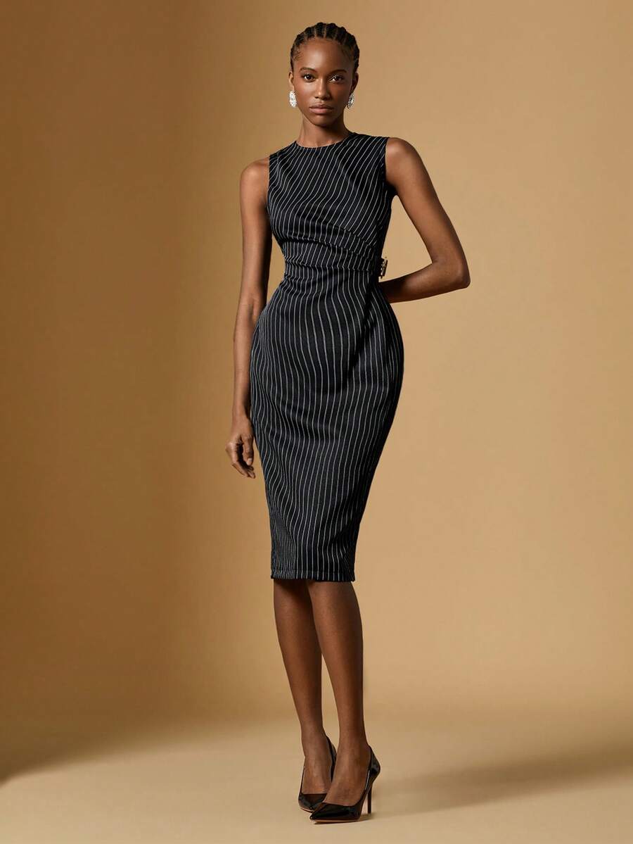 Briarwyn Women's Striped Print Ruched Bodycon Sleeveless Dress - Black - View 1