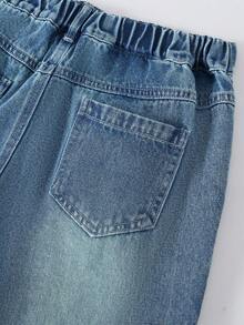 Vacaura 青少年男孩复古中度洗水蓝色牛仔裤，猫须做旧宽松直筒版型，面料柔软舒适，百搭，大童休闲裤 - 中等水洗藍 - 查看 6