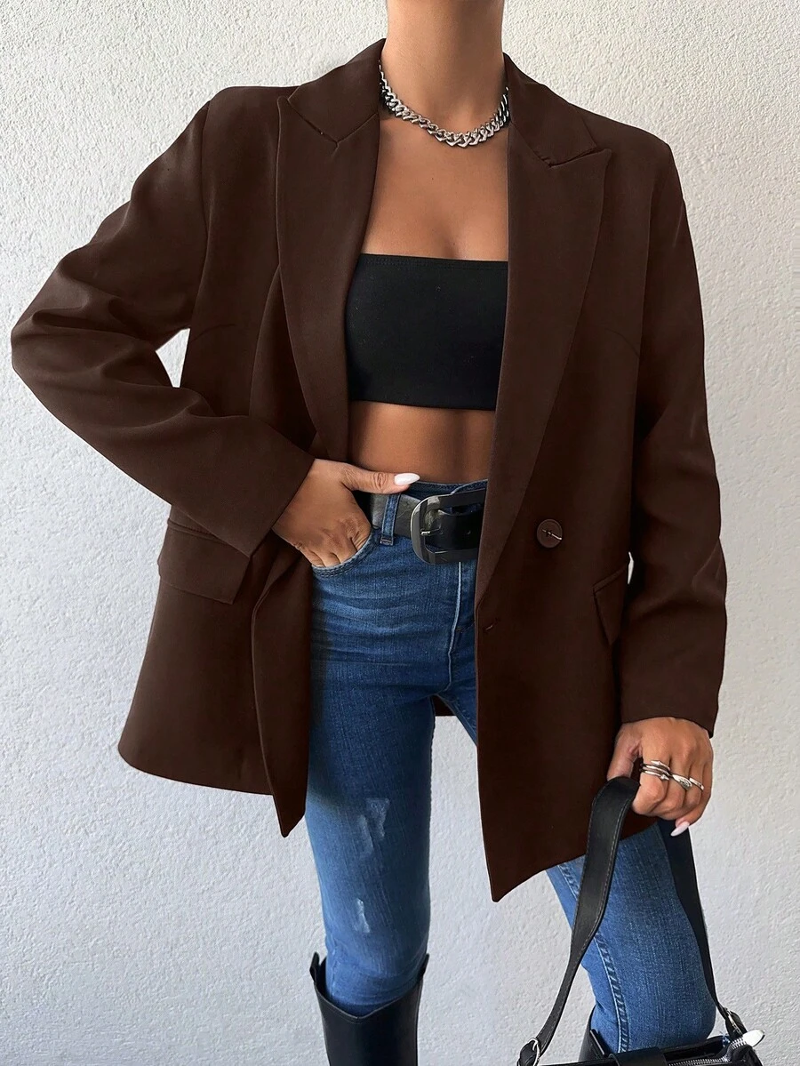 EURMUSE Women's Fashionable Business Casual Commuter Office Solid Color Double-Breasted Blazer Dark Brown Summer - Brown - View 1