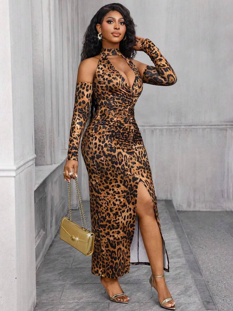 cheetah bodycon dress Sofija Ruched Halterneck Mini in Leopard Print print fabric is stretchy and hugs your figure well Bar III Plus Size Cheetah-Print