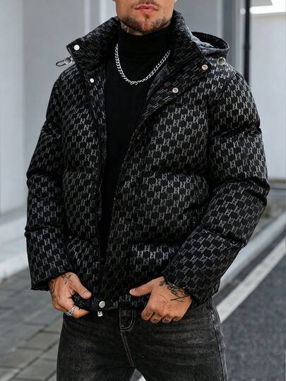 Manfinity CasualCool Herrvinterjacka med geometriskt mönster och dragkedja, avslappnad huva