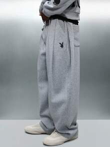 PLAYBOY X SUMWON Relaxed Fit Essential Sweatpants With Logo Bunny Emblem Casual Lounge Pants For Daily Comfort - Light Grey - View 4