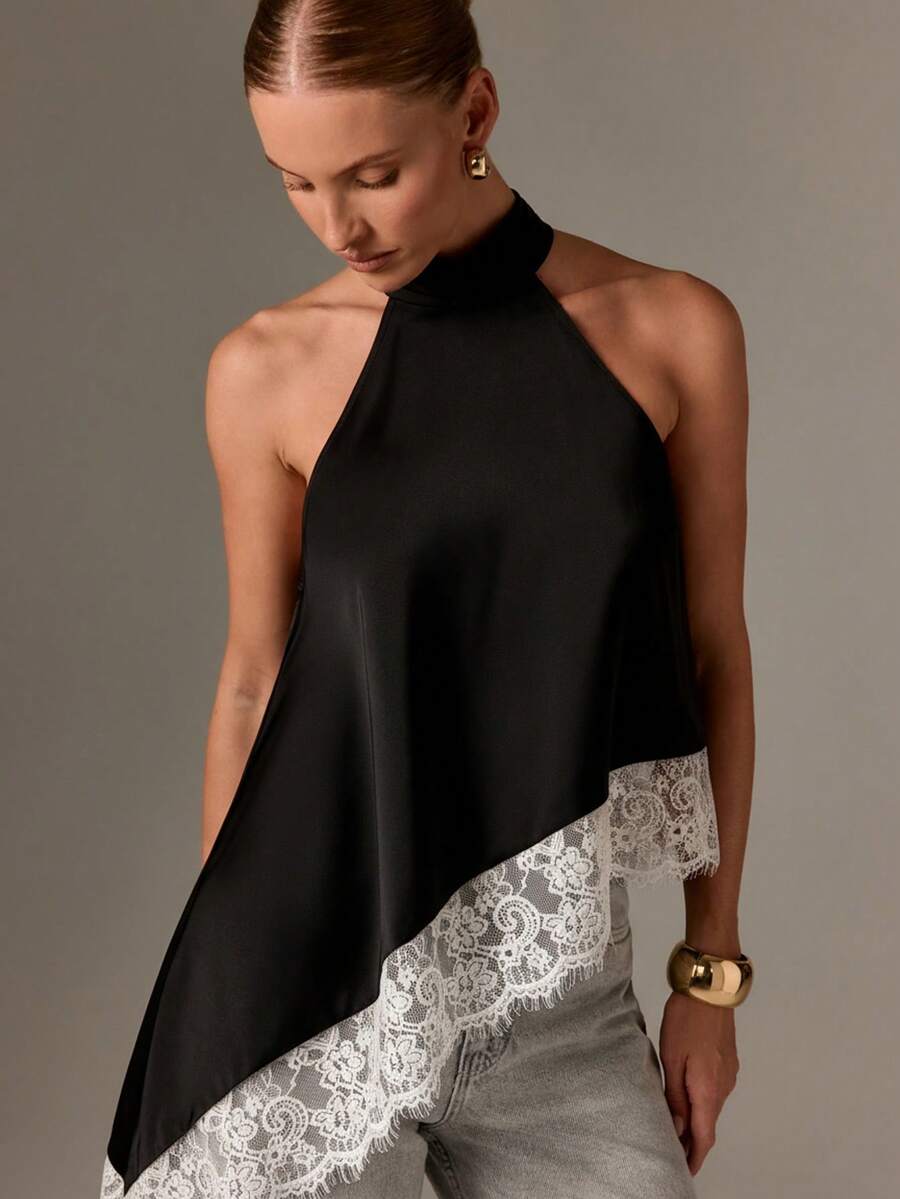 AiiRZ Áo satin cổ yếm viền ren bất đối xứng, áo cánh không tay thanh lịch cho những buổi tối dự tiệc mùa hè - Đen và trắng - Xem 1