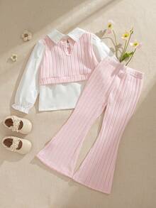 SHEIN 2pcs/Set Young Girl' Fashion Ribbed Patchwork White Long Sleeve Collared Shirt And Pink Ribbed Pants Outfit, Suitable For Casual Wear And Outings - Pink - View 4