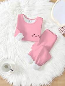 2 peças/Conjunto Macacão e Calça de Malha Elástica de Tecido Peludo Espessado com Gola Redonda e Manga Longa, Conjunto de Roupa de Casa para Meninas Jovens no Inverno - Multicolorido - Visão 4