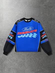 ROMWE MEN Street Life 男士休闲撞色字母图案运动卫衣，秋季款 - 藍色 - 查看 3