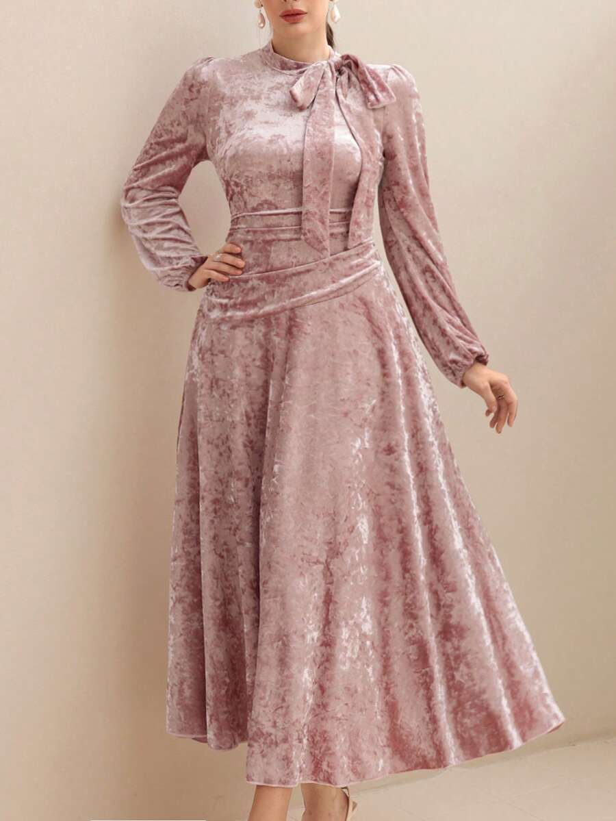 Modelyn Elegant Pink Velvet Ruched Tie-Up Long Dress For Women, Autumn/Winter
