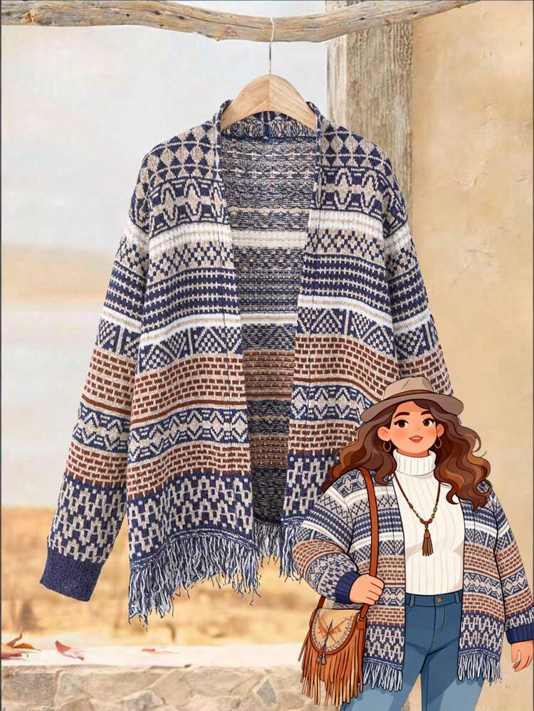 Plus Size Women Casual Fringe Hem Long Sleeve Cardigans Winter Clothes For Women  Cozy Fall And Winter Clothes For Women Winter Clothes For Women Women's Winter Coat  Vacation Outfits Women