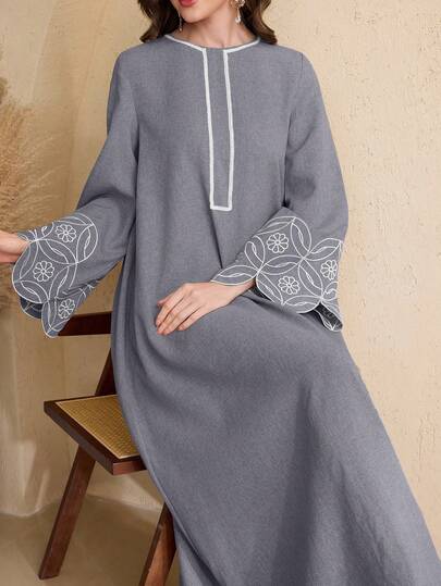 Al Najma 女士春夏圆领编织滚边刺绣喇叭袖阿拉伯风格连衣裙，阿拉伯连衣裙