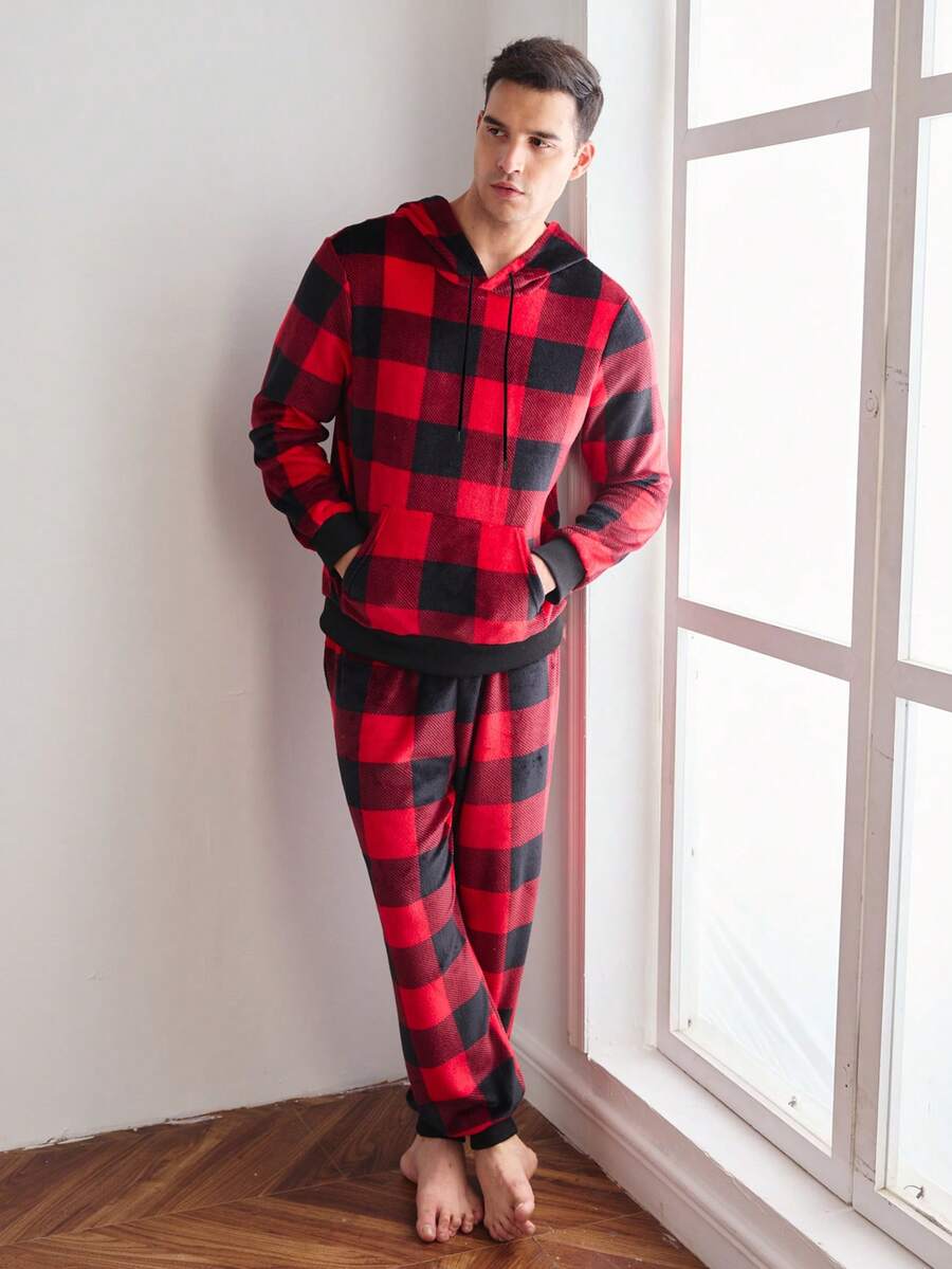 SHEIN 两件套圣诞格子羊毛男士睡衣套装，秋冬季舒适保暖 - 彩色 - 查看 1