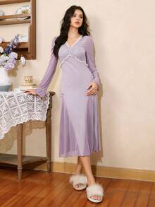 Côtesoire French Elegant Soft Contrast Lace Satin Ladies' Nightgown,Long Sleeve Purple Night Gown For Women,Autumn Winter Evening Sleep Loungewear - Purple - View 5