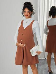 SHEIN Abito casual elegante da donna incinta con scollo a V, colore unito, spalline larghe e bottoni frontali