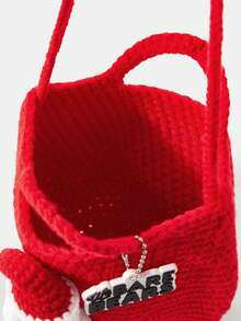 We Bare Bears X SHEIN Women's Casual Large Capacity Christmas Cute Cartoon Bear Pattern Knitted Shoulder Bag With Letter Pendant - Red - View 11