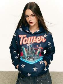 INAWLY Áo nỉ tay dài vai rớt, kiểu dáng thường ngày, họa tiết sáng tạo đa năng. - Màu xanh lam - Xem 1