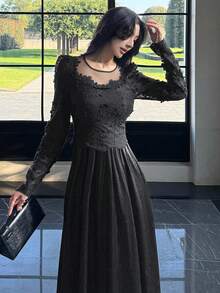 DAZY 女士优雅派对贴花拼接连衣裙长裙 - 黑色 - 查看 4