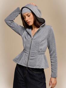 Hanevo Solid Color Raglan Sleeve Cinched Waist Zip-Up Sweatshirt For Women, In Fall/Winter - Dark Grey - View 3