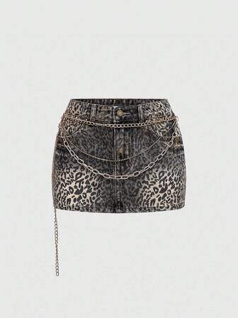 Grunge Punk Plus Size Y2K Leopard Print Glitter Rhinestone Chain Decor Super Mini Denim Skirt