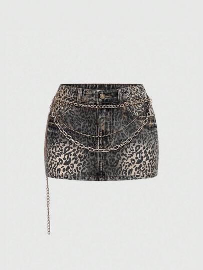 Grunge Punk Plus Size Y2K Leopard Print Glitter Rhinestone Chain Decor Super Mini Denim Skirt
