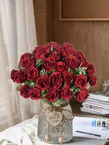 1/3束丝绸玫瑰花束，人造花，适用于家居装饰、婚礼、摄影道具 - 彩色 - 查看 7