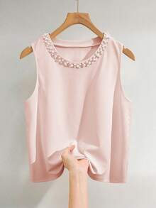 SHEIN Áo kiểu dáng thanh lịch dành cho người đi làm, cỡ lớn, đính hạt trang trí. - Màu Hồng baby - Xem 3