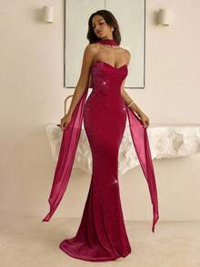 Vowa Vintage Grecian Style Pleated Waist Fitted Bodycon Dress With Ruffle Collar,Suitable For Afternoon Tea,Cocktail Parties,Business Events And Weddings - Burgundy - View 7