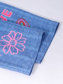 SHEIN Explorewe Tween Girls' Street Fashion Denim Print Pants With Butterfly, Heart & Floral Colorful Graphic, Casual Summer - Blue - View 3