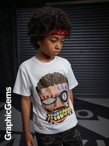 SHEIN Coolqubz Tween Boy Casual Fashion Printed Round Neck Knit T-Shirt - White - View 5