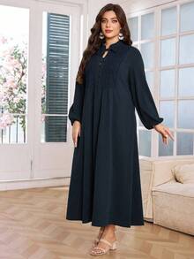 Lacomfia Plus Size Women Hollow Embroidered Button Collar Tie Waist Long Sleeve Dress - Blue - View 3