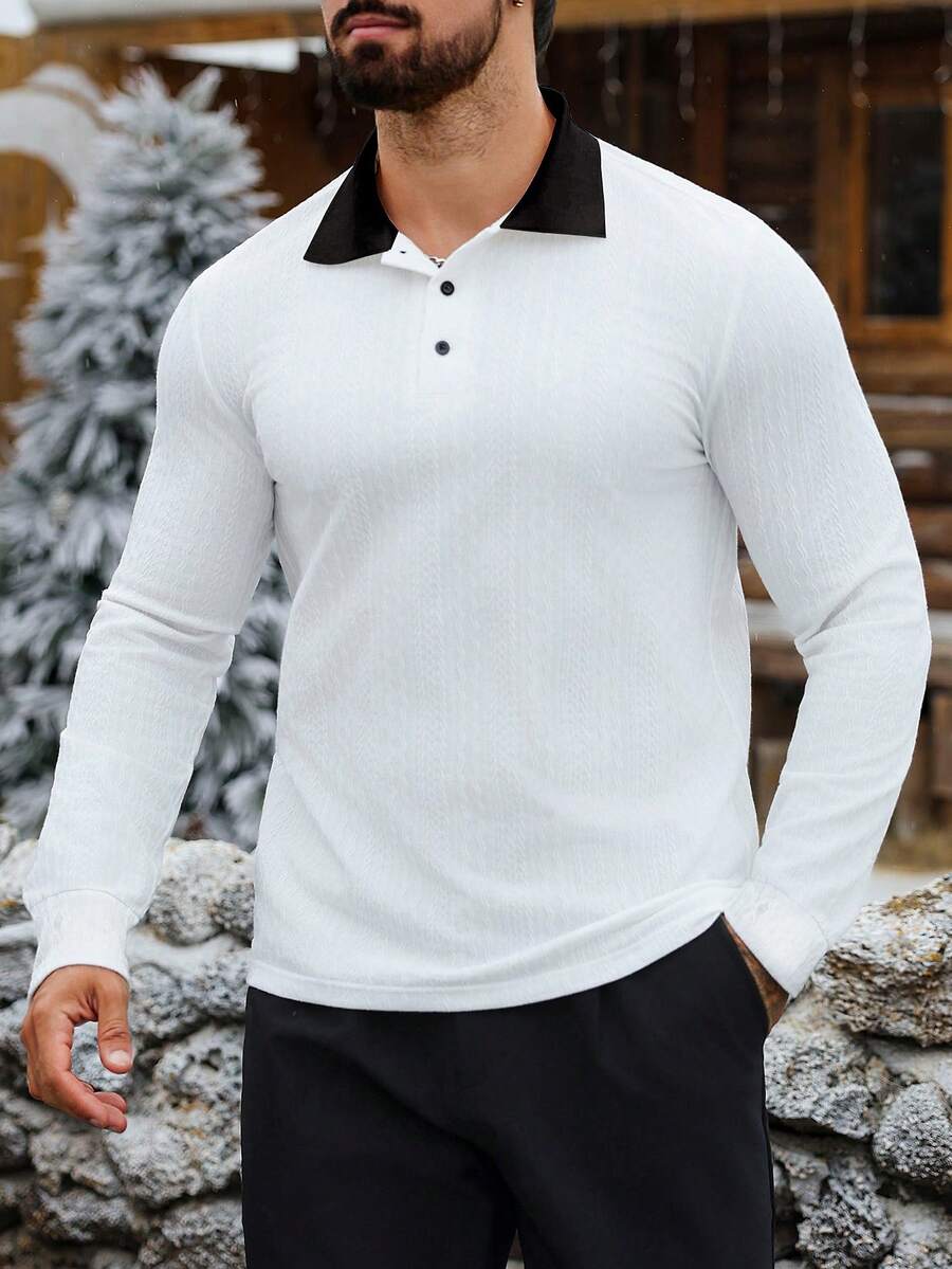 Manfinity CasualCool Herrpolo med texturerad stickning och långärmad design - Vitt - Visa 1