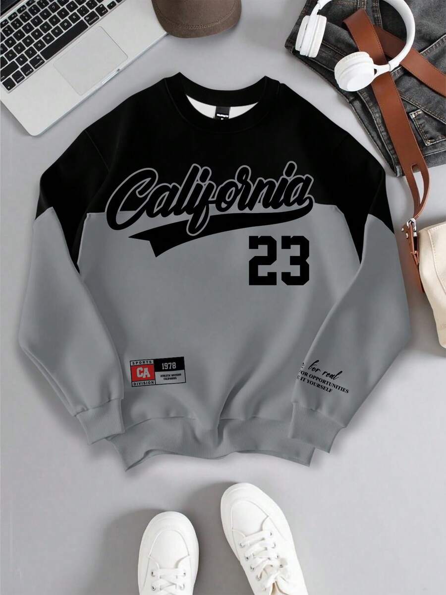 Manfinity Campus Court Áo nỉ chui đầu California No.23 phối màu, kiểu dáng retro vintage, thời trang đường phố, thiết kế đôi với họa tiết in hình phong cách Mỹ, thích hợp cho mùa đông, có lớp lót giữ nhiệt. - Nhiều màu - Xem 1