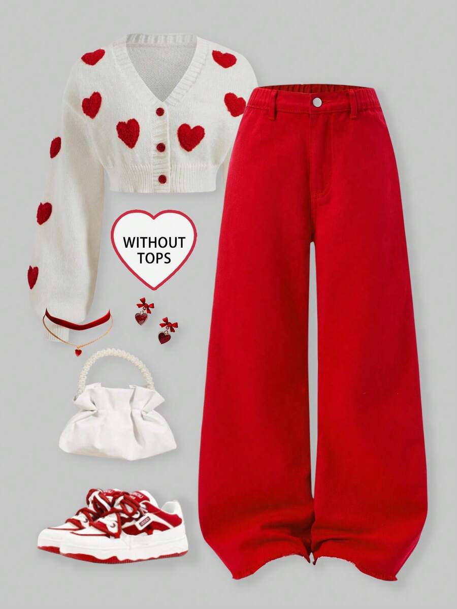 Tween Girls Casual Basic Comfortable Elegant Fresh Wide Leg Loose Fit Pure White Jeans Red Wide Leg Pants Red Pants - Red - View 1