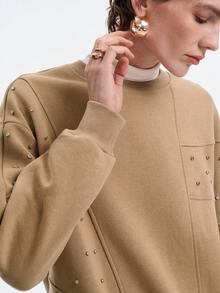 SHEIN LUNE Women's Solid Color Round Neck Drop Shoulder Long Sleeve Loose Fashion Versatile Rhinestone Embellished Sweatshirt - Khaki - View 8