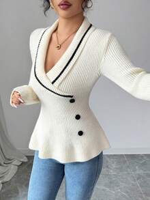 SHEIN Elenzya Blusa elegante de punto cruzado para mujer, con botones y volantes en el bajo en color contrastante, adecuada para fiestas de Año Nuevo, otoño/invierno - Albaricoque - Ver 8