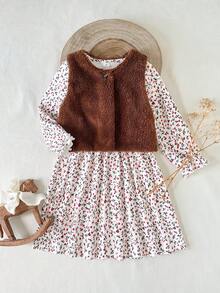 SHEIN مجموعة فستان أكمام طويلة مزخرف بالزهور + سترة فرائية للبنات الصغيرات، طقم كاجوال بطراز كوري بياقة مستديرة وأكمام فانوس وخصر مطوي، فستان قصير مع كارديجان فضفاض، بدلة أنيقة وعتيقة للربيع والخريف والشتاء - بني - مشاهدة 9