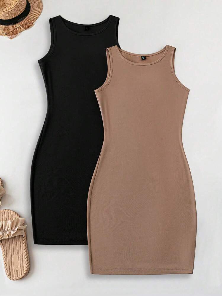 SHEIN LUNE Set de 2 vestidos casuales para mujer: 1 vestido de tirantes ajustado + 1 vestido mini de cuello redondo ajustado - Multicolor - Añade 5