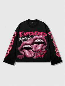 ROMWE MEN Street Life Camiseta de manga larga con estampado de labios de moda para hombre - Negro - Ver 1