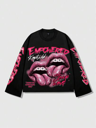 Street Life تي شيرت طويل الأكمام بطبعة شفاه للرجال موضة