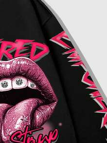 ROMWE MEN Street Life Camiseta de manga larga con estampado de labios de moda para hombre - Negro - Ver 5