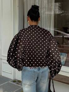 SHEIN EZwear 女士波点拉链短款宽松外套 - 棕色 - 查看 2