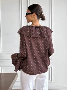 Serisse 女士波点荷叶边系带袖口喇叭袖宽松V领衬衫 - 棕色 - 查看 5