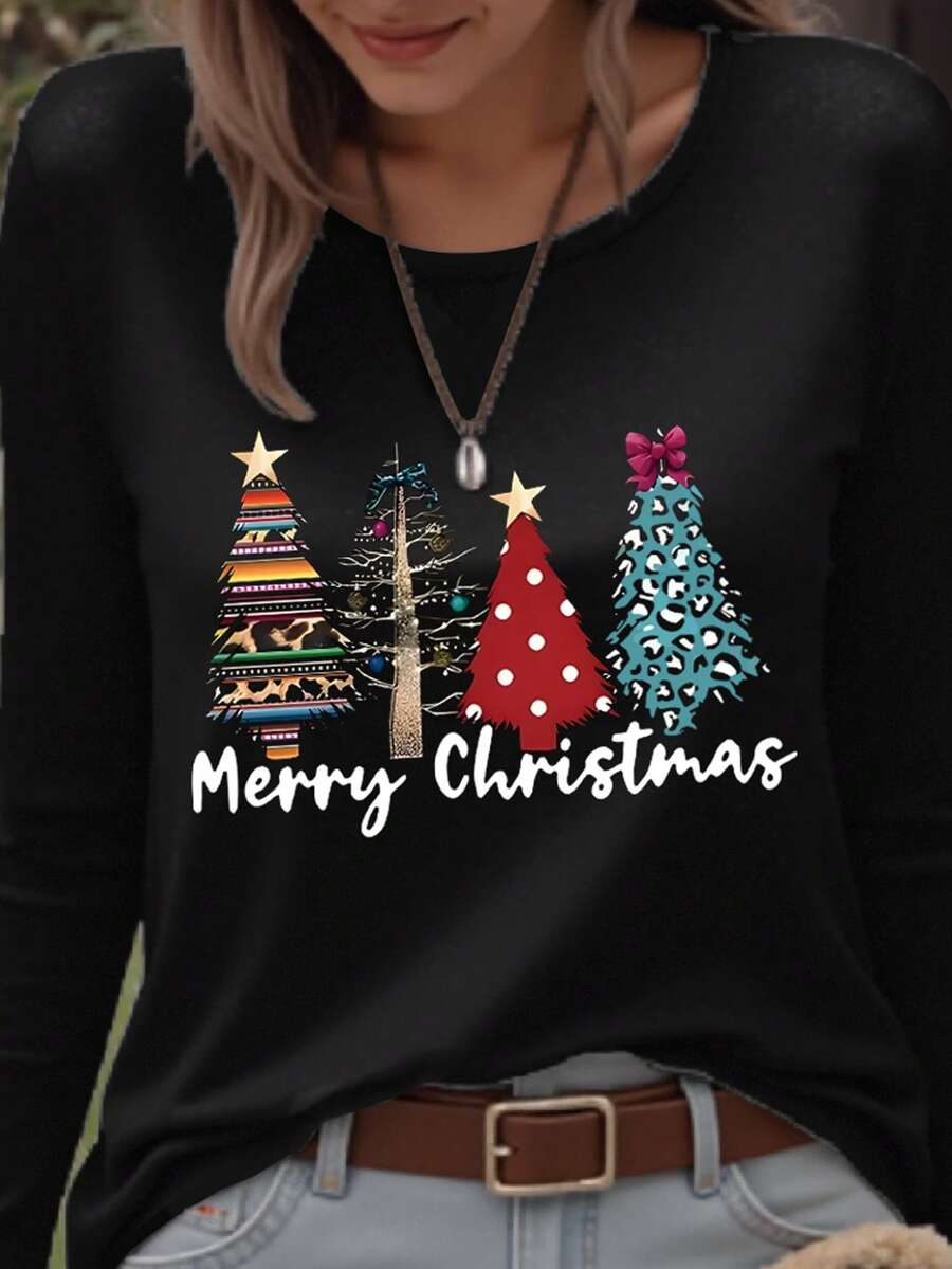 EMERY ROSE Christmas Letter Slogan & Christmas Tree Pattern Round Neck Long Sleeve Fashionable Plus Size T-Shirt - Black - View 1