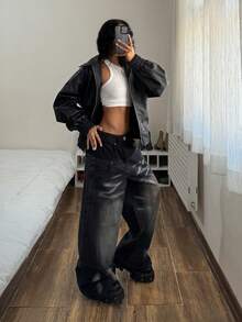 StreetHx 女士口袋宽松阔腿休闲百搭牛仔裤 - 黑色 - 查看 7