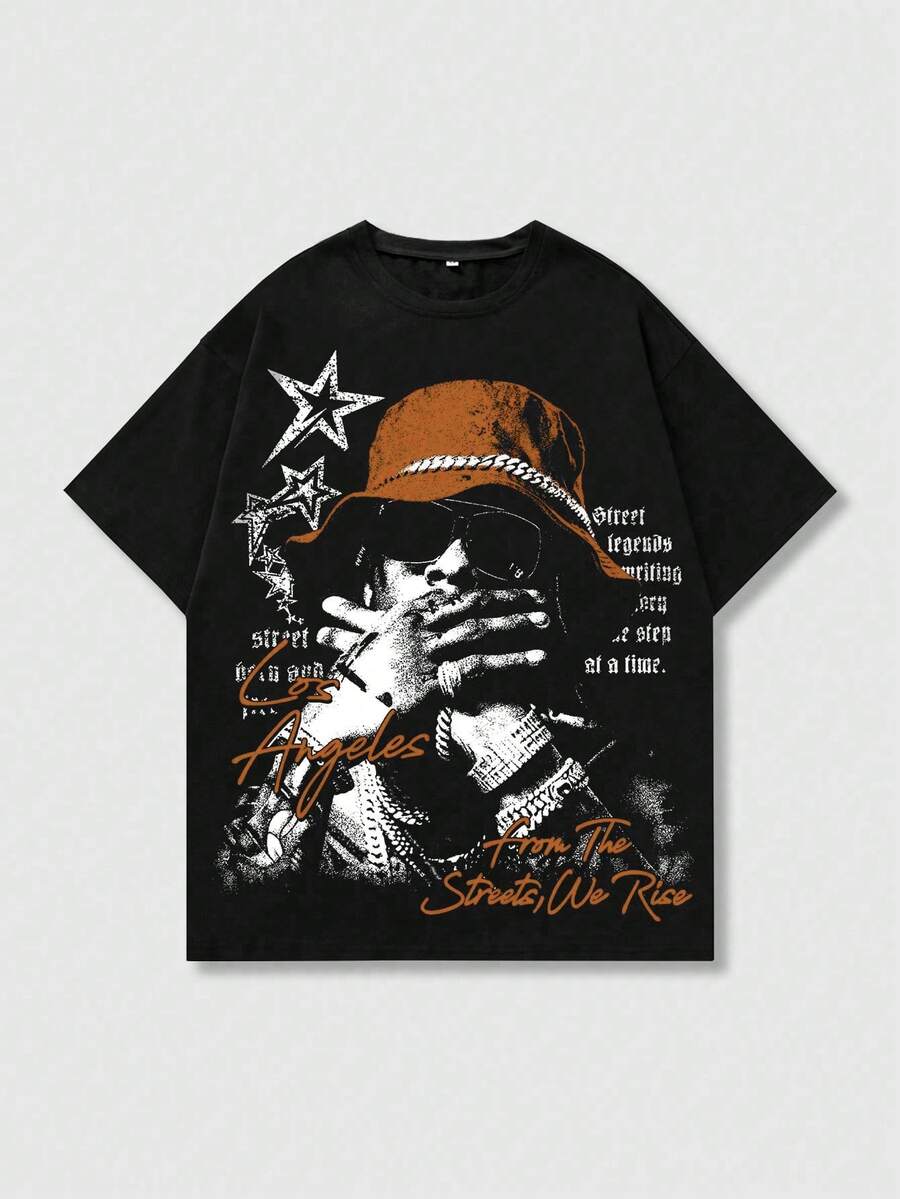 ROMWE MEN Street Life Men's Printed Short Sleeve T-Shirt, Suitable For Everyday Wear In Spring/Summer - Black - View 1