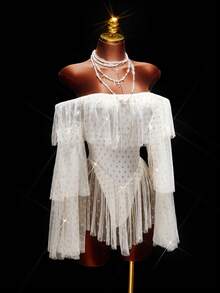 Amplova Váy ngắn hở vai in họa tiết chấm bi lấp lánh tay dài gợi cảm cho nữ, thời trang dự tiệc - Nhiều màu - Xem 7