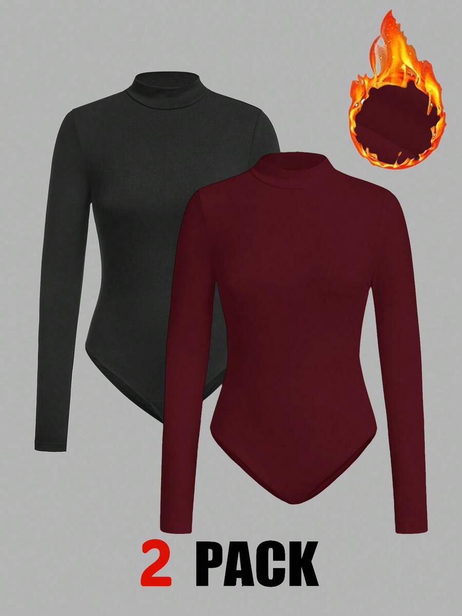 SHEIN EZwear 多色针织女式立领长袖休闲连体衣 - 酒紅色 - 查看 1