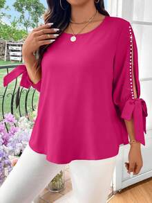 EMERY ROSE 大码女式纯色梭织露肩珍珠系带优雅休闲衬衫 - 玫紅色 - 查看 6